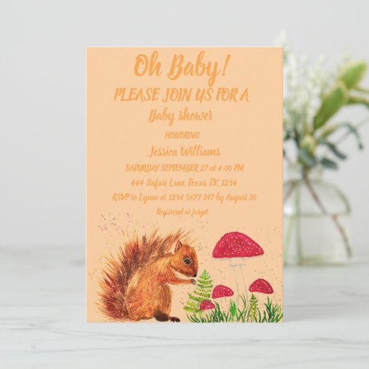 Eekhoorn Waterverf Baby Girl paddenstoel Rood Inv Kaart (Staand voorkant)