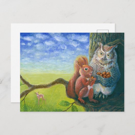 Eekhoorn & Wijze Uil met Hazelnoten Illustratie Briefkaart (Voorkant / Achterkant)
