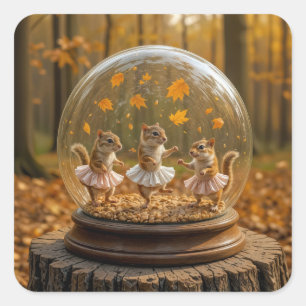 Eekhoorns dansen in een glazen bol vierkante sticker