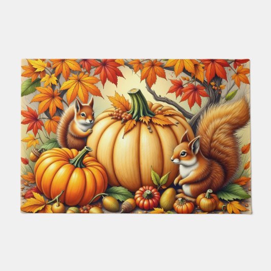 Eekhoorns en pompoenen in de herfst deurmat (Voorkant)