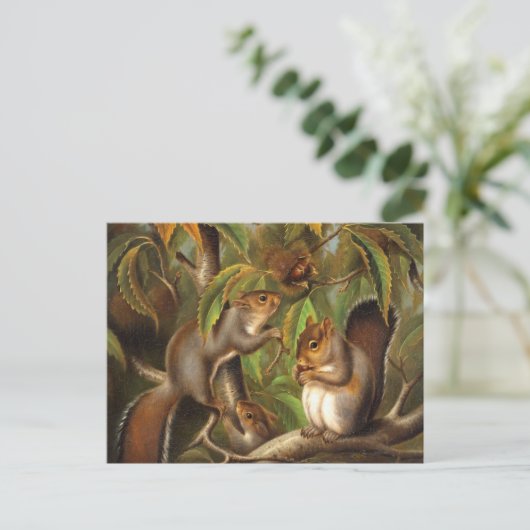 Eekhoorns in een kastanjeboom schilderij briefkaart (Staand voorkant)