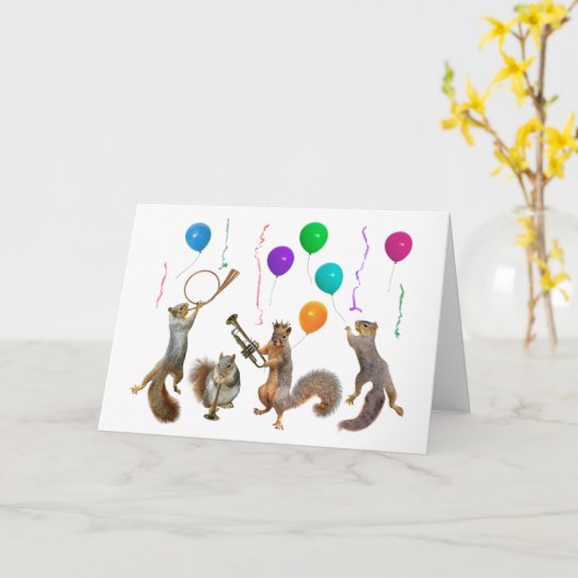 Eekhoorns met hoorns en ballonnen Verjaardag Kaart (Gele Bloem)