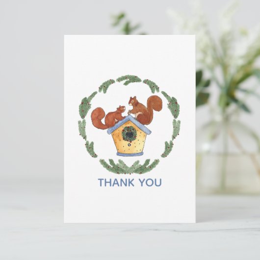 Eekhoorns op Birdhouse Holiday Bedankkaart (Staand voorkant)