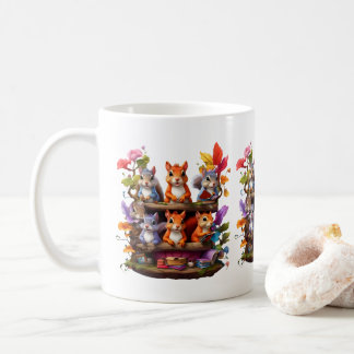 Eekhoorns op een houten boekenplank koffiemok