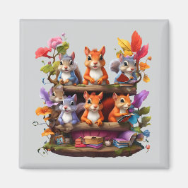 Eekhoorns op een houten boekenplank magneet