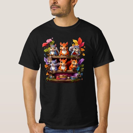 Eekhoorns op een houten boekenplank t-shirt (Voorkant)