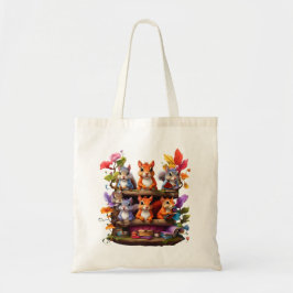 Eekhoorns op een houten boekenplank tote bag
