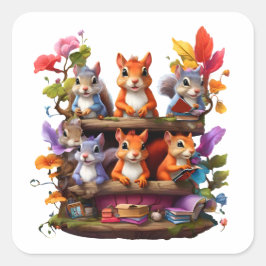 Eekhoorns op een houten boekenplank vierkante sticker