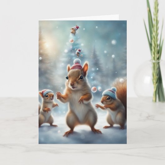Eekhoorns spelen in de sneeuw Kerstmis Kaart (Voorkant)