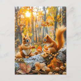 Eekhoorns verzamelen eikels op bosbodem briefkaart