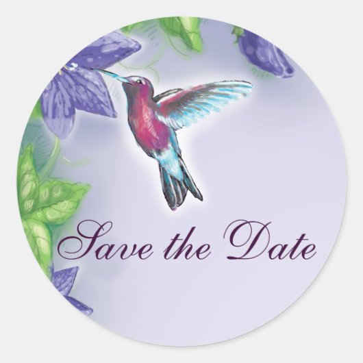 Eelegant hummingbird paarse bloemen bruiloft ronde sticker (Voorkant)