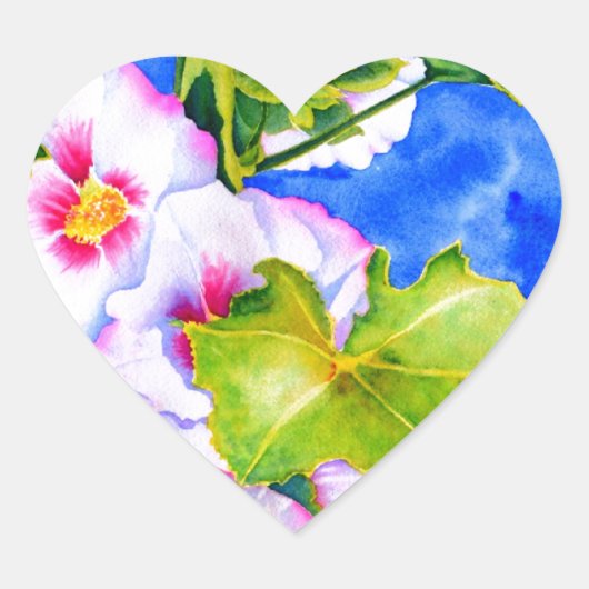 Eelgant roze waterverf bloemen Hollyhocks Hart Sticker (Voorkant)