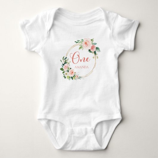 Eén, 1e verjaardag Baby Meisje Blush Roze Bloemend Romper (Voorkant)