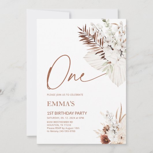 Een 1e verjaardag Uitnodiging Boho Pampas (Voorkant)