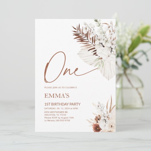 Een 1e verjaardag Uitnodiging Boho Pampas (Staand voorkant)