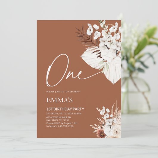 Een 1e verjaardag Uitnodiging Terracotta Boho Pamp (Staand voorkant)