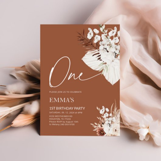Een 1e verjaardag Uitnodiging Terracotta Boho Pamp