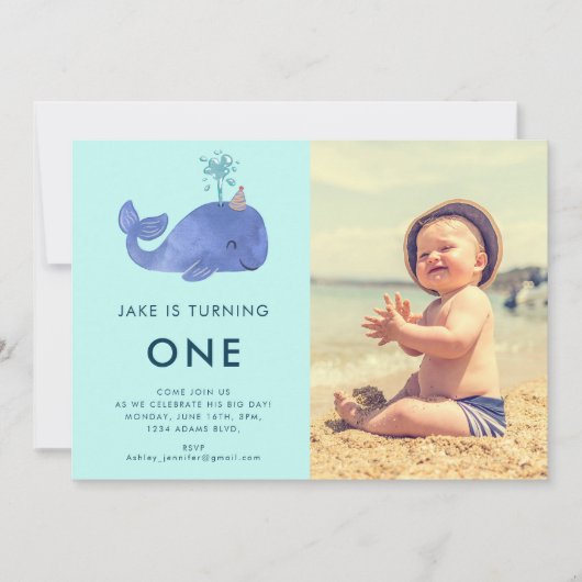 Een 1e Verjaardag Waterverf Walvis | Aangepaste fo Kaart (Voorkant)