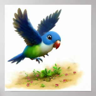 Een 3D-Afbeelding van een blauwgekroonde hangende  Poster