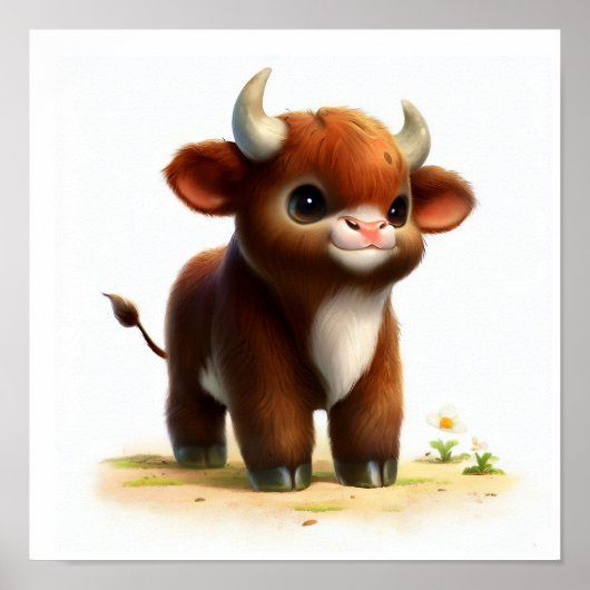 Een 3D-Afbeelding van een Schattigee jonge stier Poster (Voorkant)