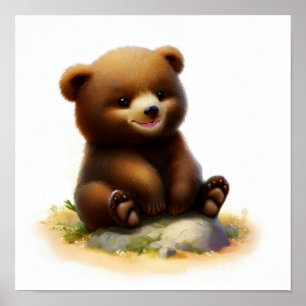 Een 3D-Waterverf schilderij van een Grizzly Beer C Poster