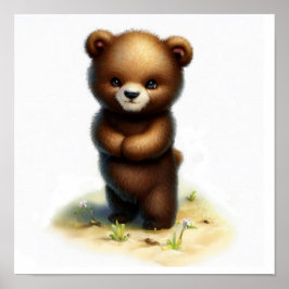 Een 3D-waterverfschilderij van een jonge grizzlybe Poster