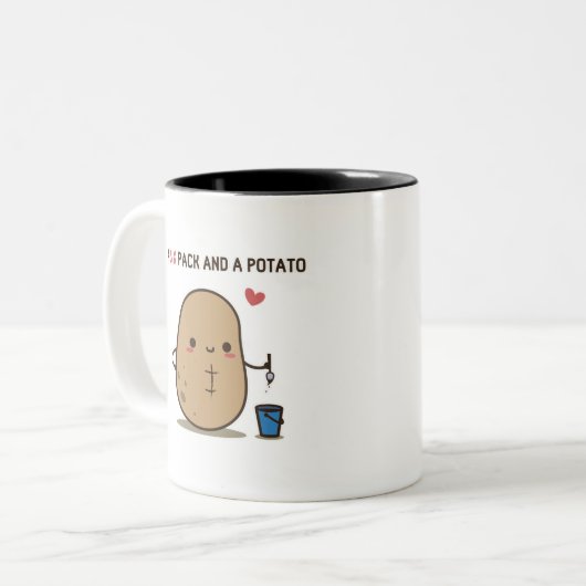 Een 6-pak en een aardappel tweekleurige koffiemok (Voorkant links)
