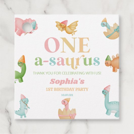 Een A-Saurus Dinosaurus 1e Verjaardagsfeest Bedankjes Labels (Voorkant)