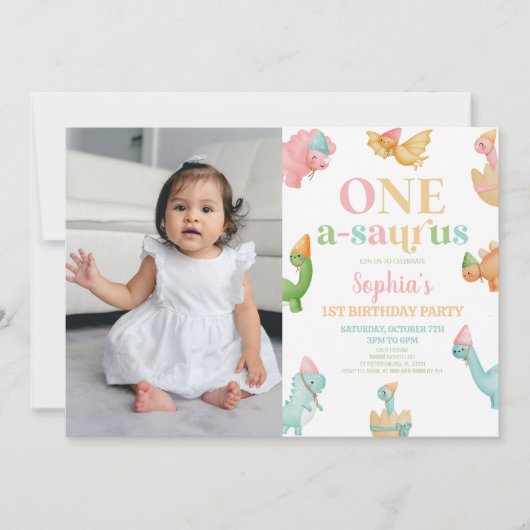 Een A-Saurus Dinosaurus 1e Verjaardagsfeest Kaart (Voorkant)