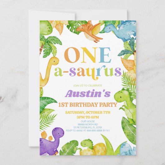 Een A-Saurus Dinosaurus 1e Verjaardagsfeest Kaart (Voorkant)