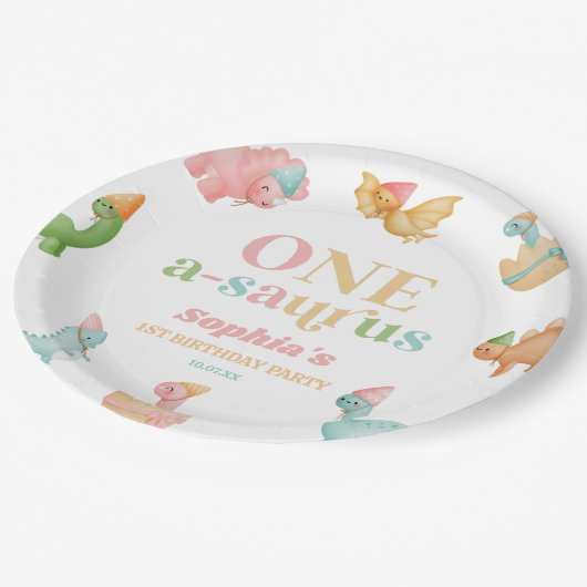 Een A-Saurus Dinosaurus 1e Verjaardagsfeest Papieren Bordje (Gekanteld)