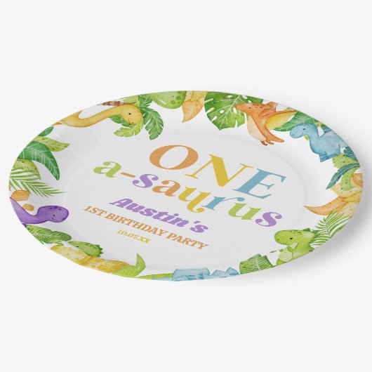 Een A-Saurus Dinosaurus 1e Verjaardagsfeest Papieren Bordje (Gekanteld)