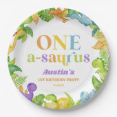 Een A-Saurus Dinosaurus 1e Verjaardagsfeest Papieren Bordje (Voorkant)