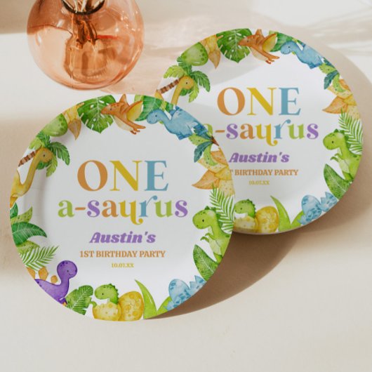 Een A-Saurus Dinosaurus 1e Verjaardagsfeest Papieren Bordje