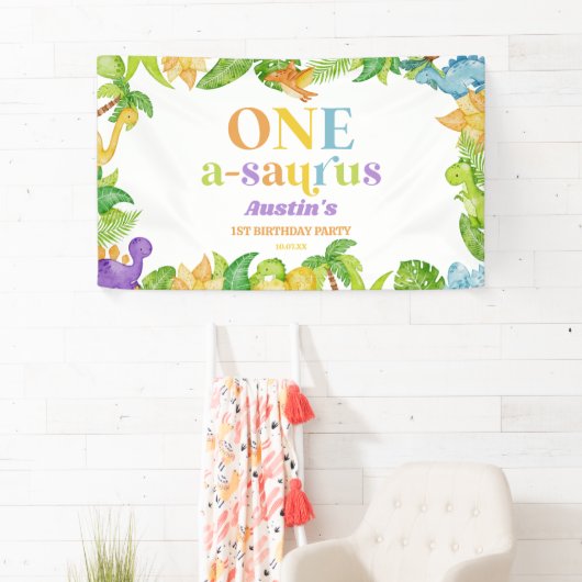 Een A-Saurus Dinosaurus 1e Verjaardagsfeest Spandoek (Insitu)