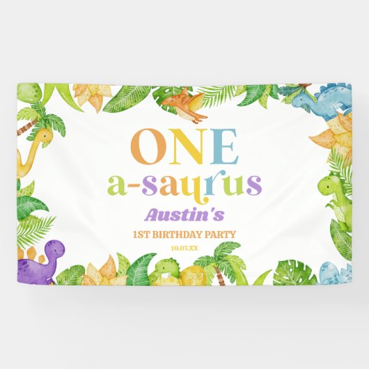 Een A-Saurus Dinosaurus 1e Verjaardagsfeest Spandoek (Horizontaal)