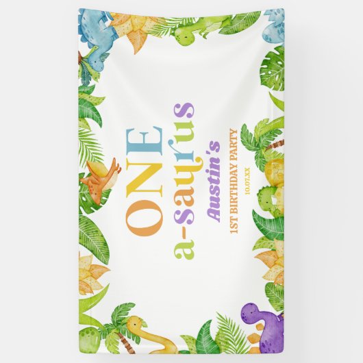 Een A-Saurus Dinosaurus 1e Verjaardagsfeest Spandoek (Verticaal)