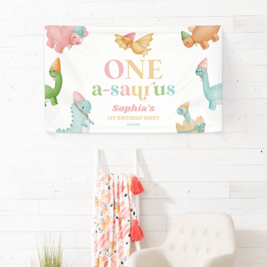 Een A-Saurus Dinosaurus 1e Verjaardagsfeest Spandoek (Insitu)