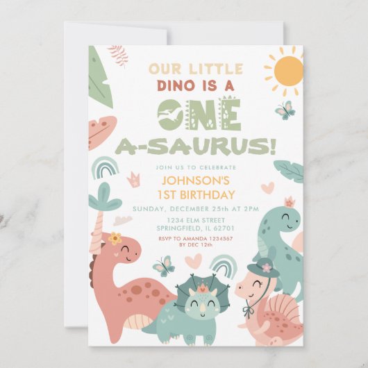 Een A-saurus dinosaurus Kind 1e verjaardag partij Kaart (Voorkant)