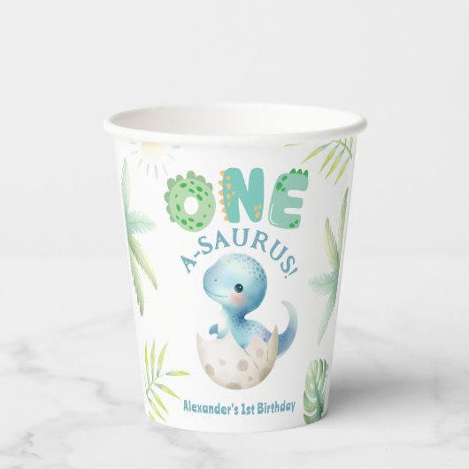 Een A-Saurus Jongen Dinosaurus 1e Verjaardag Papieren Bekers (Achterkant)