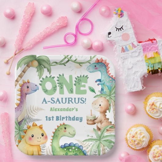 Een A-Saurus Jongen Dinosaurus 1e Verjaardag Papieren Bordje (Feest)