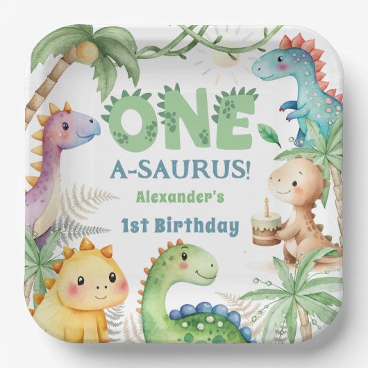 Een A-Saurus Jongen Dinosaurus 1e Verjaardag Papieren Bordje (Voorkant)