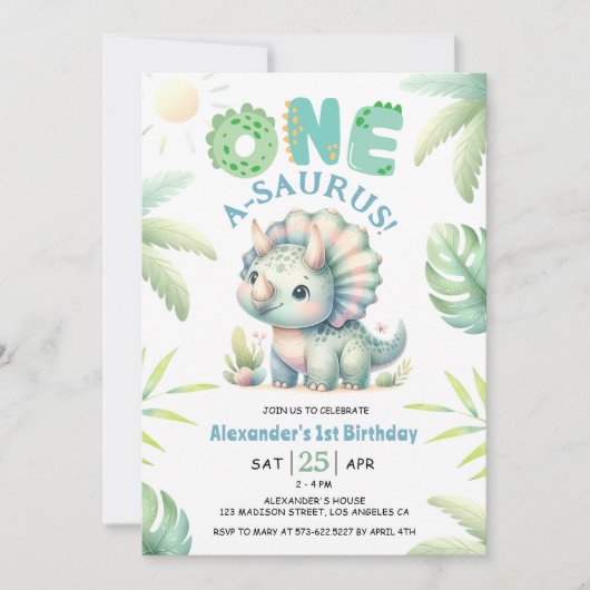 Eén A-Saurus Triceratops Dinosaurus 1e verjaardag Kaart (Voorkant)