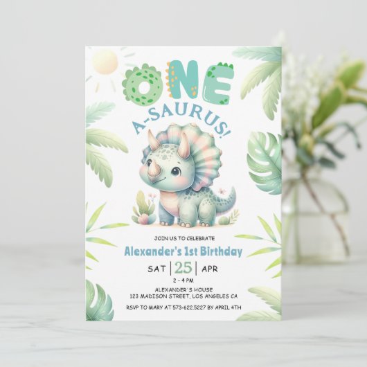 Eén A-Saurus Triceratops Dinosaurus 1e verjaardag Kaart (Staand voorkant)