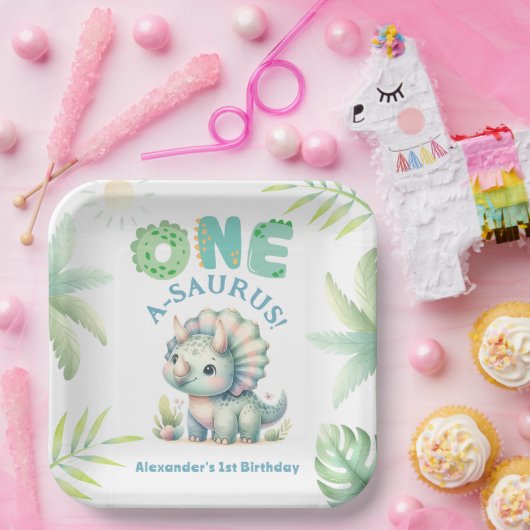Eén A-Saurus Triceratops Dinosaurus 1e verjaardag Papieren Bordje (Feest)