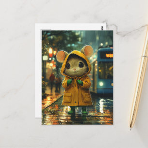 Een aanbiddelijke muis in een gele regenjas in de briefkaart