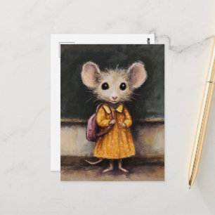 Een aanbiddelijke muis op haar eerste schooldag briefkaart