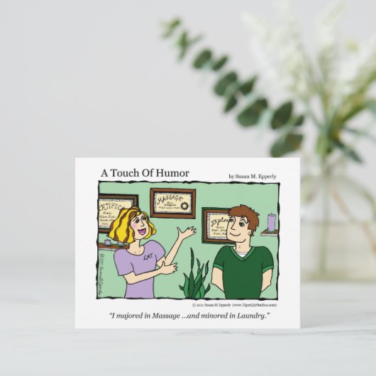 "Een aanraking van Humor" Massage / Mok wasmachine Briefkaart (Staand voorkant)