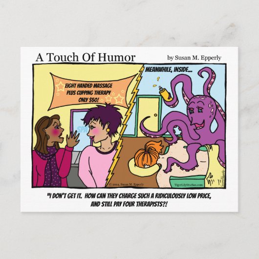 "Een aanraking van Humor" Octopus Massage Comic Briefkaart (Voorkant)