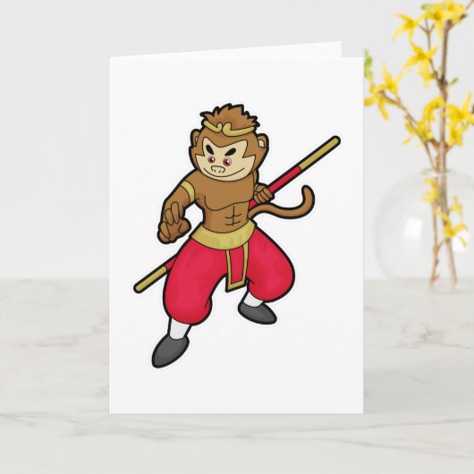 Een aap als Warrior met personeel en hoofdband Kaart (Gele Bloem)